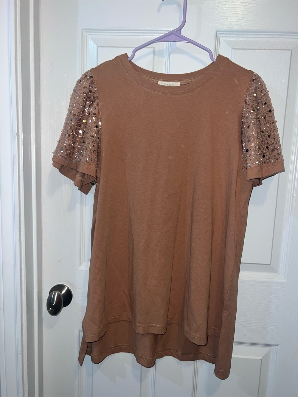 Fantastic fawn Brown Sequin Sleeve Short-Sleeve Top